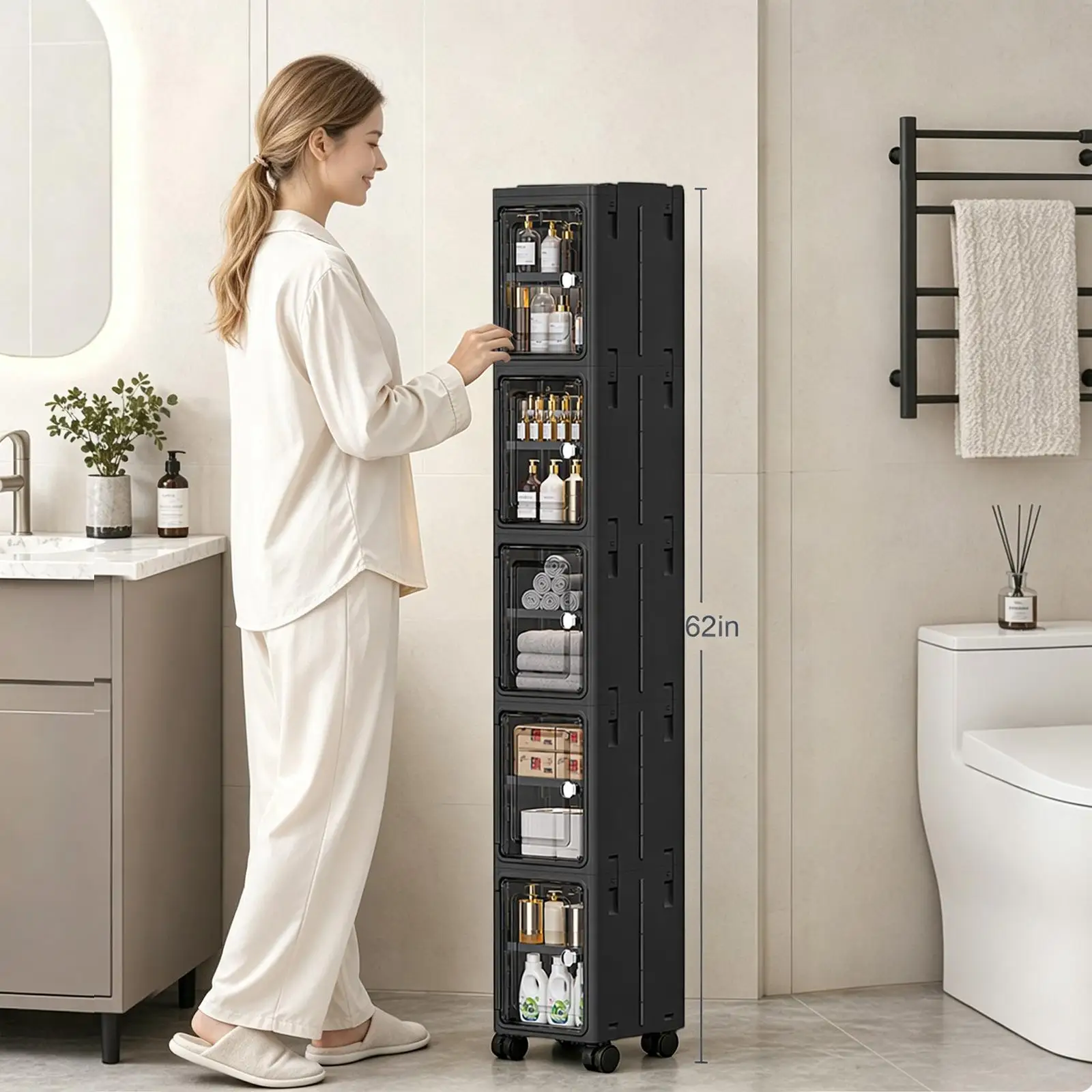 Kitchen Appliances Cabinet - 5-stöckiger, schmaler, schmaler Rollschrank in Schwarz,